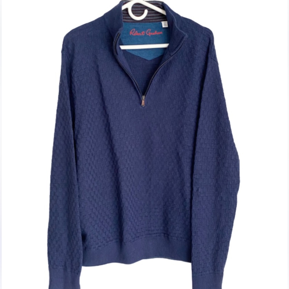 Robert Graham 100% Wool Quarter Zip Pullover Sweater Blue Navy